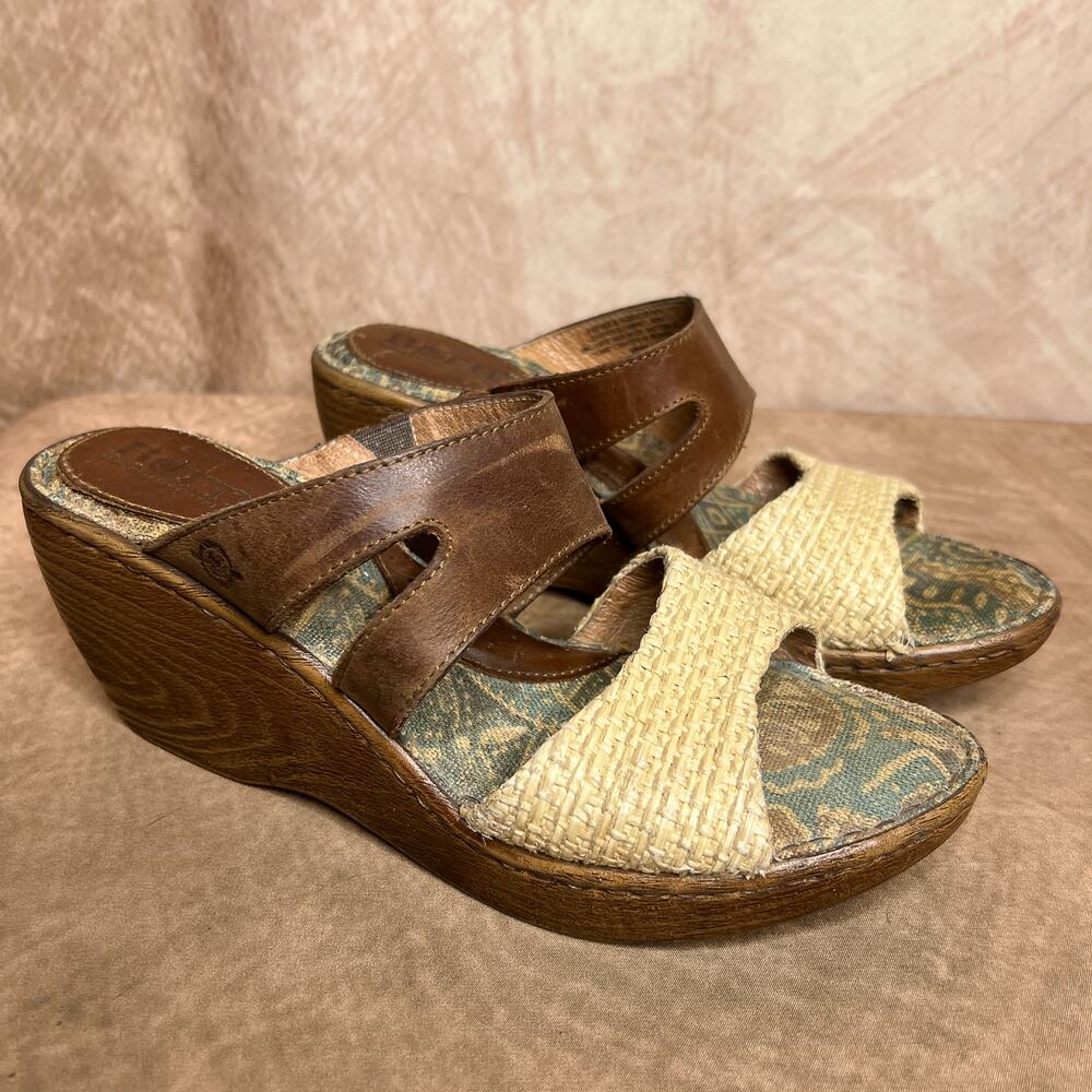 Born Raffia Leather Wedge Side Sandals Shoes Brown Paisley Y2K Boho Festival